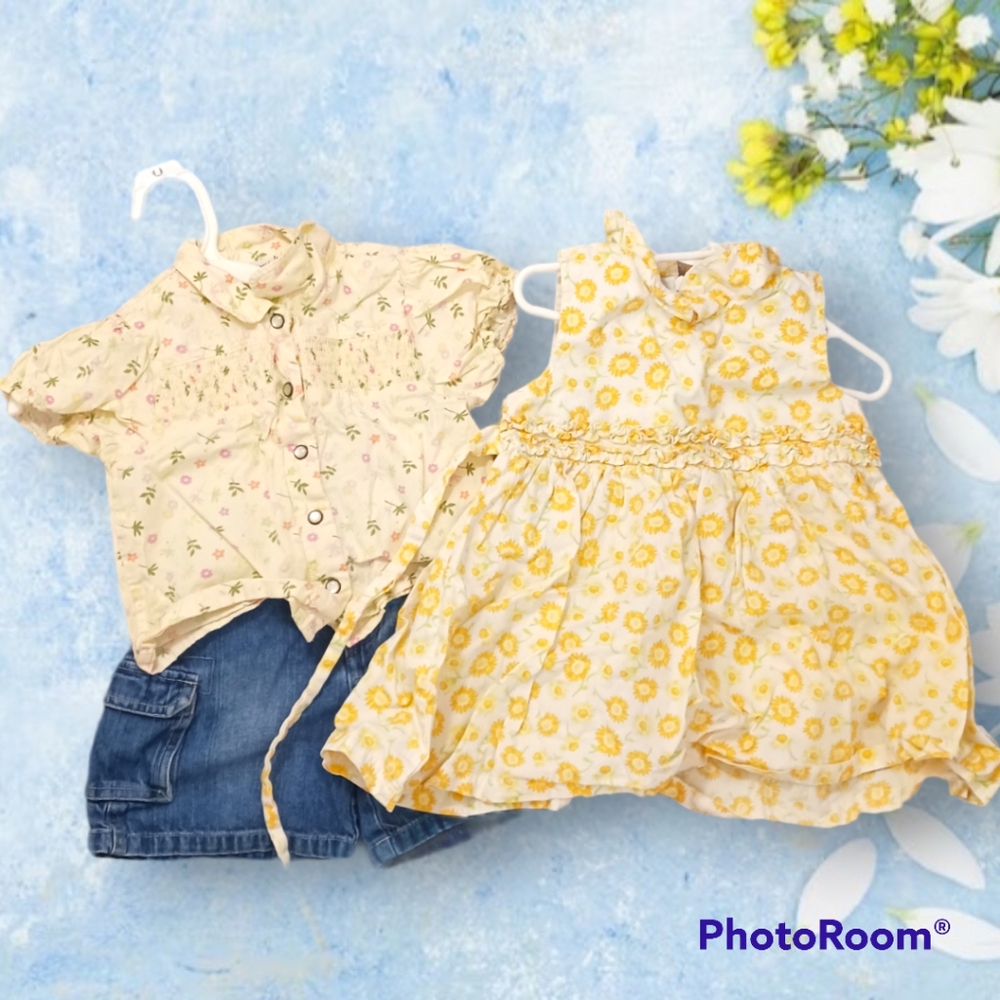 Lot of 3, size 2t, sunflower dress, flower shirt, and shorts.